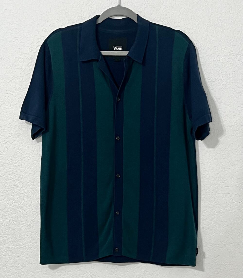 Vans Blue and Green Stripes Short Sleeve Button Up Knit Size Medium